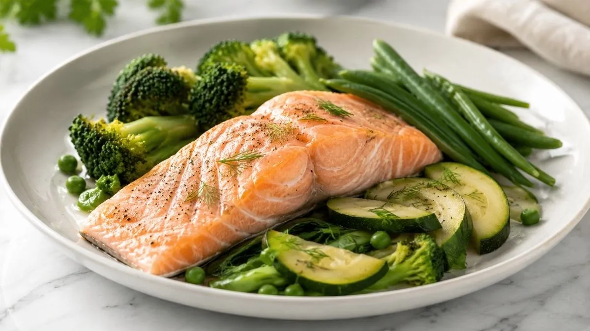Saumon vapeur et légumes verts