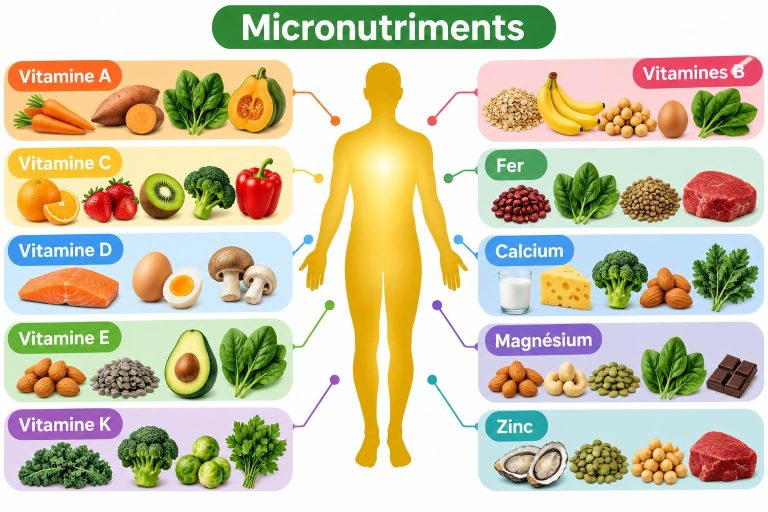 Infographie éducative montrant un corps humain entouré d'aliments frais classés par vitamines et minéraux avec des étiquettes en français.