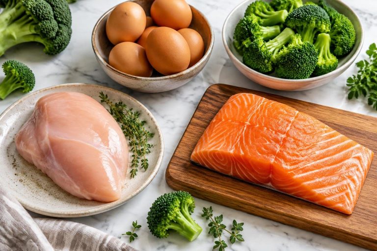 Assiette équilibrée présentant des aliments riches en protéines comme le poulet, le saumon, les œufs et les légumes verts sur fond clair.