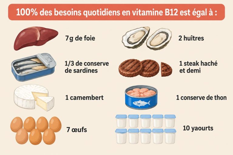 Infographie listant les portions d'aliments comme le foie, les huîtres et les œufs pour couvrir 100% des besoins quotidiens en vitamine B12.