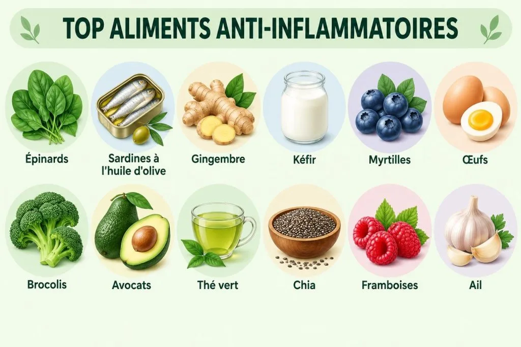 Infographie listant les meilleurs aliments anti-inflammatoires avec des icônes illustrées et leurs noms en français comme les épinards, le saumon et les myrtilles.