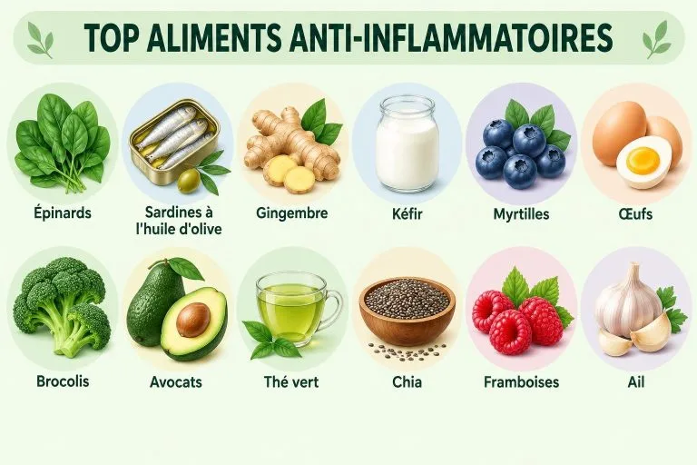 Infographie listant les meilleurs aliments anti-inflammatoires avec des icônes illustrées et leurs noms en français comme les épinards, le saumon et les myrtilles.