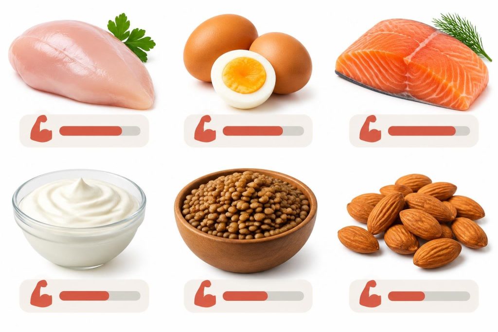 Infographie nutritionnelle présentant des photos d'aliments riches en protéines comme le poulet, les œufs et le saumon, accompagnés de leurs noms et valeurs nutritionnelles en français.