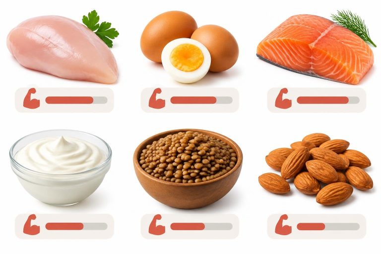 Infographie nutritionnelle présentant des photos d'aliments riches en protéines comme le poulet, les œufs et le saumon, accompagnés de leurs noms et valeurs nutritionnelles en français.