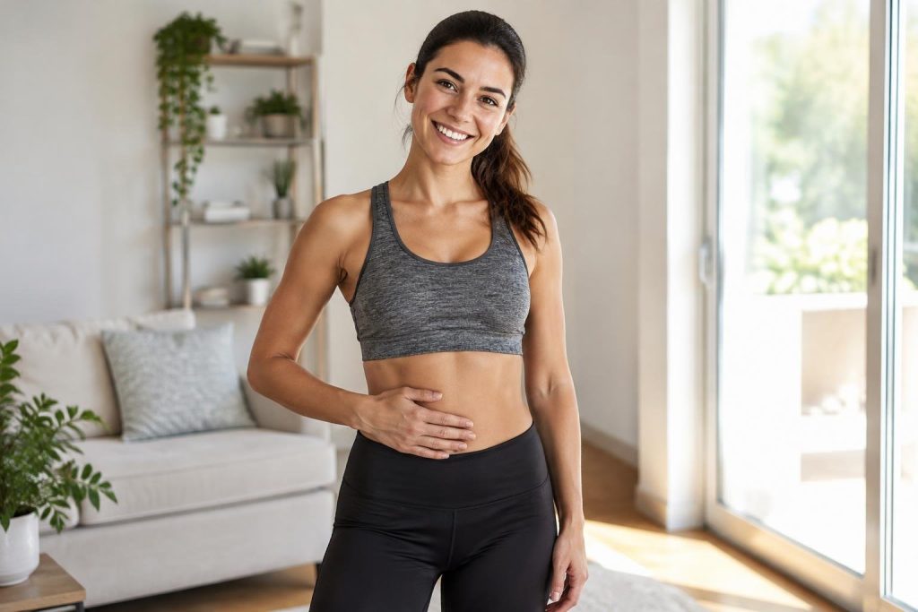 Femme souriante en tenue de sport posant la main sur son ventre plat dans une ambiance lumineuse et saine.