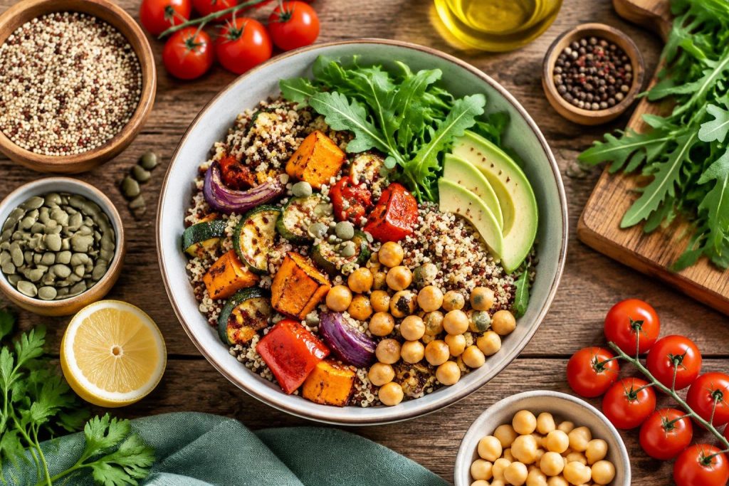 Vue de dessus d'une table garnie de plats IG bas colorés comme une salade de quinoa et des légumes rôtis, baignés de lumière naturelle.