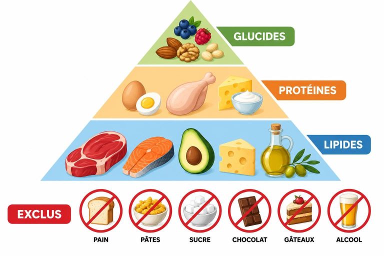 Infographie vectorielle de la pyramide alimentaire cétogène avec les catégories Lipides, Protéines, Glucides et les aliments exclus.