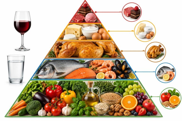 Infographie de la pyramide du régime méditerranéen avec des photos d'aliments réalistes organisées par fréquence de consommation et étiquetées en français.