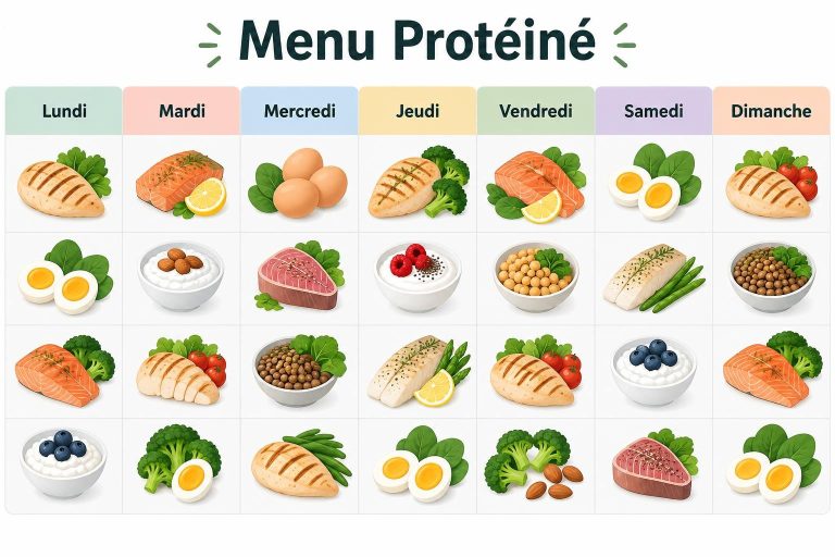 Infographie présentant un menu protéiné hebdomadaire avec une grille de jours et des icônes d'aliments riches en protéines.