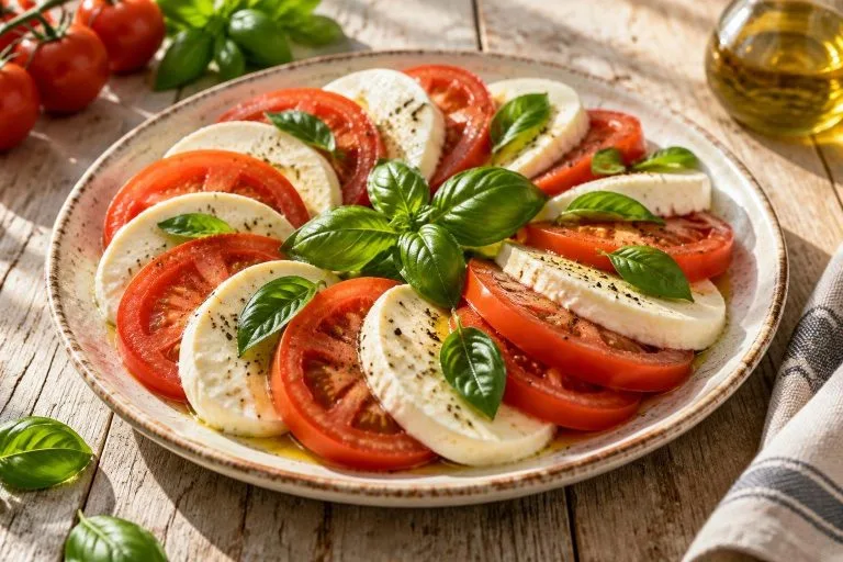 Assiette de salade caprese avec tomates rouges et mozzarella disposées en rosace, basilic frais et filet d'huile d'olive sur table en bois.